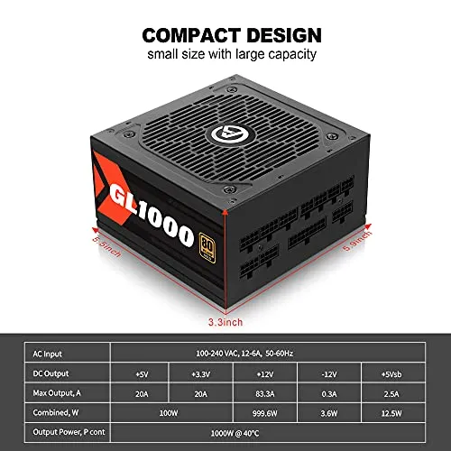 1000W Power Supply 80 Plus Gold Certified Fully Modular PSU (ARESGAME, GL1000)