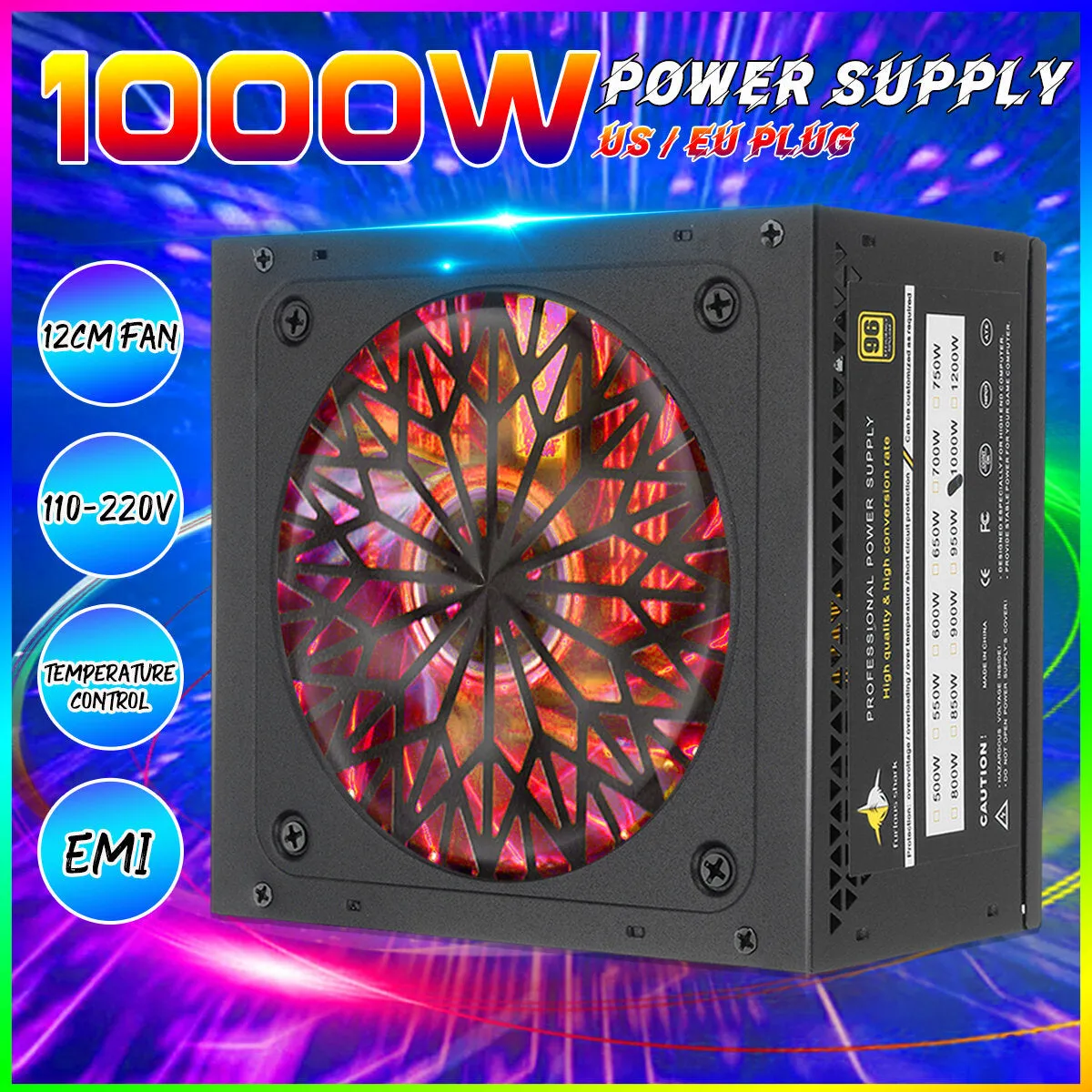 1000W PSU PC Power Supply with Passive RGB 12cm Fan and ATX/PCI-E/SATA PFC - Unit Quiet ATX PCI-E SATA