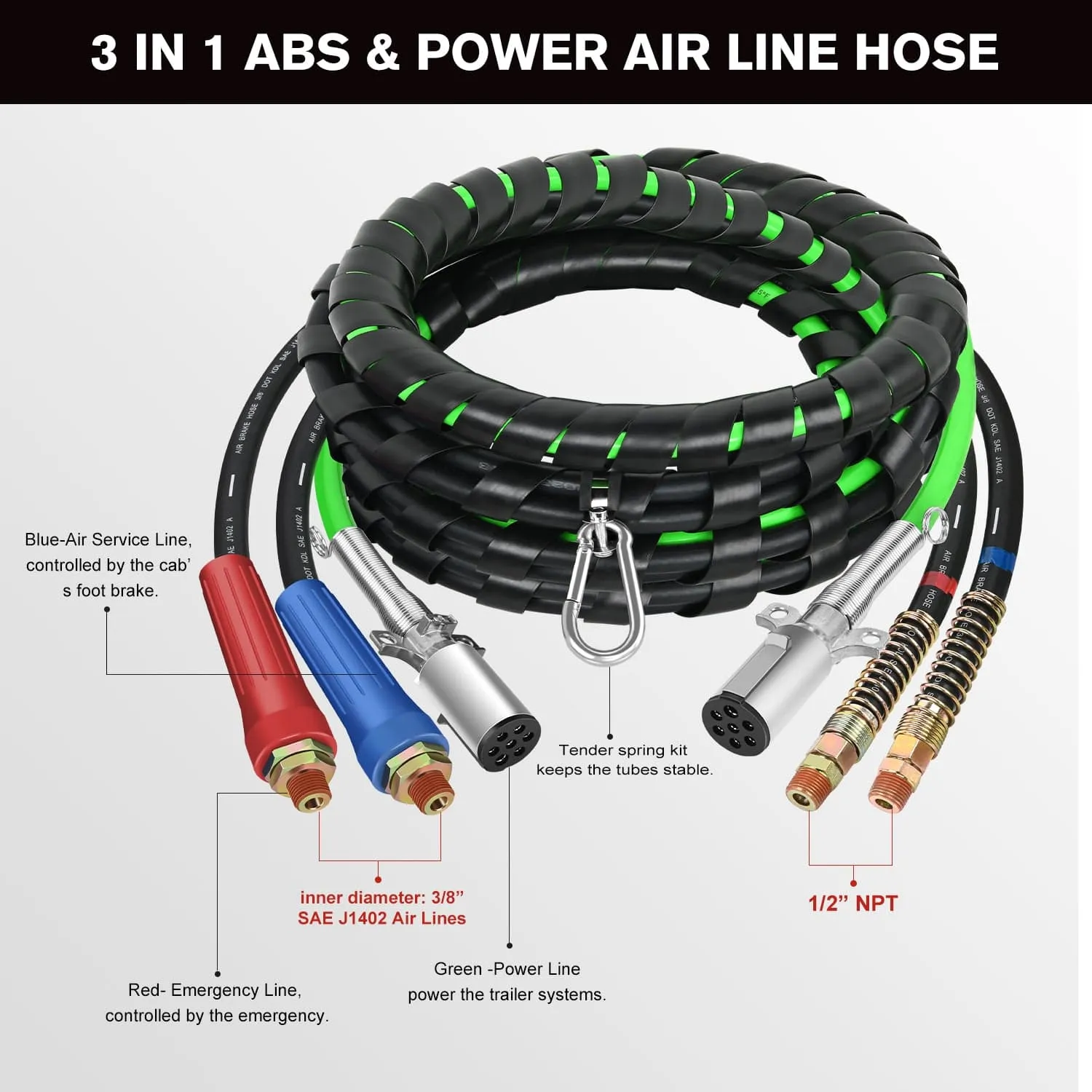 15FT 3-in-1 ABS Electrical Cord Cable & Rubber Air Power Line Hose Kit