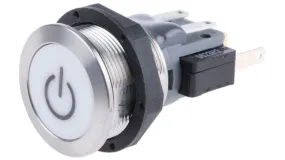 3-120-091, MSM CS 19mm, Pushbutton Switch Metal with Blue Illumination and Power Mark, 3Amp @ 250VAC, 30VDC, 5-28VDC Illumination Supply, 0.2 Million Ops