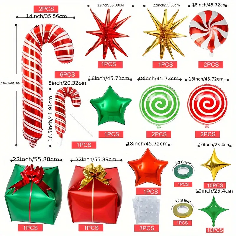 46pcs Merry Christmas Candy Foil Balloon Set - Perfect for Holiday & Birthday Decorations, Includes Garland Arch Kit with Candy Canes and Swirls, Red Mylar Party Supplies