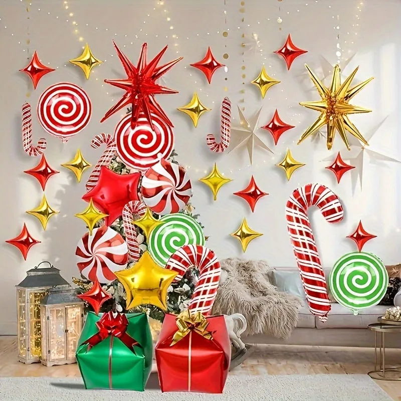 46pcs Merry Christmas Candy Foil Balloon Set - Perfect for Holiday & Birthday Decorations, Includes Garland Arch Kit with Candy Canes and Swirls, Red Mylar Party Supplies