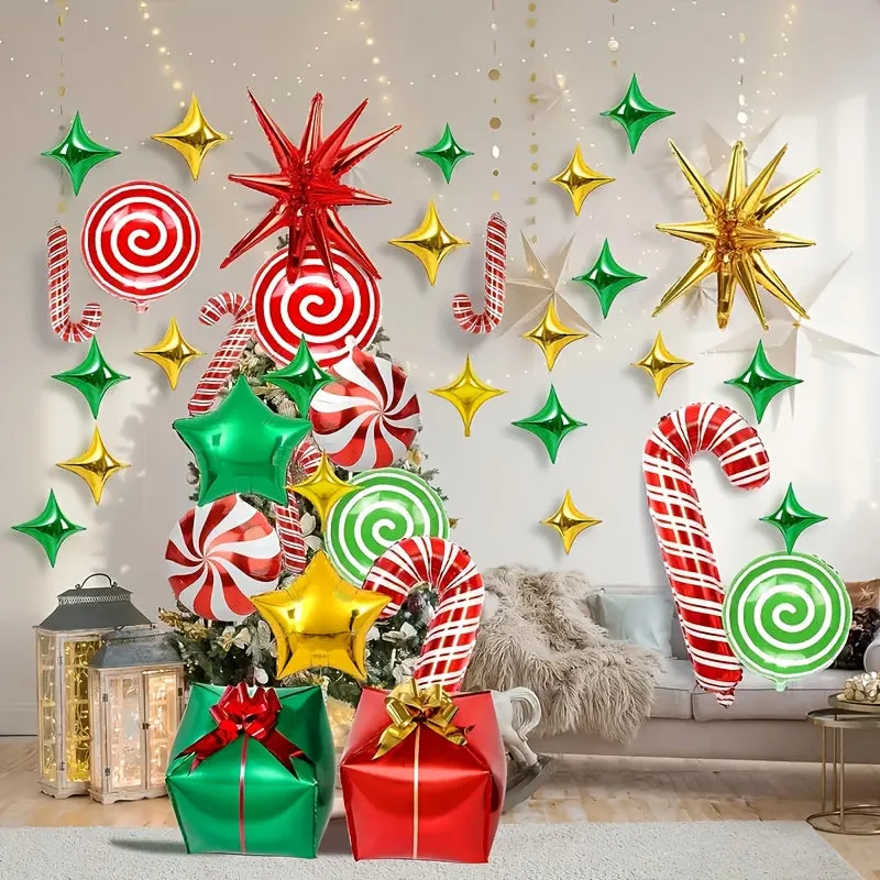 46pcs Merry Christmas Candy Foil Balloon Set - Perfect for Holiday & Birthday Decorations, Includes Garland Arch Kit with Candy Canes and Swirls, Red Mylar Party Supplies