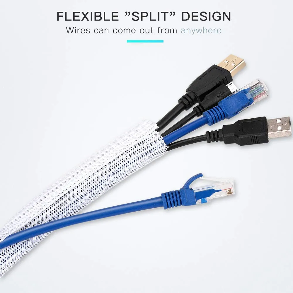 6.6ft - 2/3 inch White Cable Sleeve Cover, AGPTEK Cord Protector Management Wire Loom Tubing Cable Sleeve Split Sleeving for Desk PC TV Computer Cable Protect Cat from Chewing Cord, White