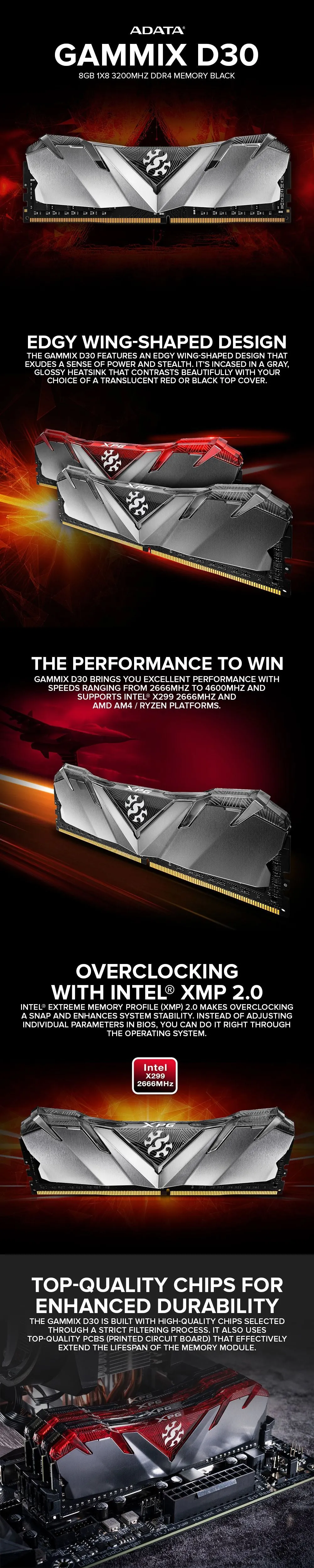 Adata Gammix D30 8gb 1x8 3200mhz Grey and Black Ddr4 Memory with Heatsink