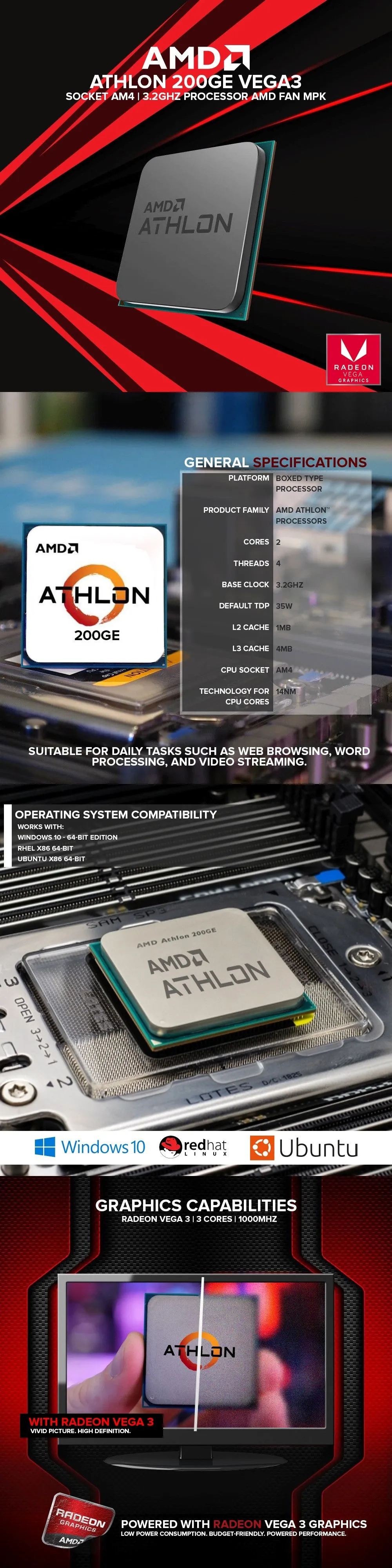 AMD Athlon 200GE Vega3 Socket Am4 3.2ghz Processor AMD FAN MPK