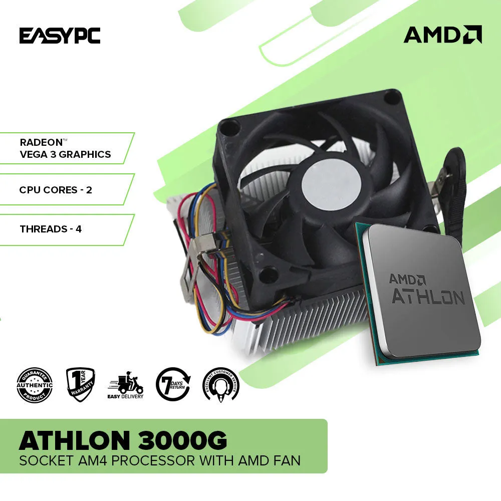 AMD Athlon 3000G Vega 3 Socket Am4 Graphic Processor Box Type or with AMD Fan MPK