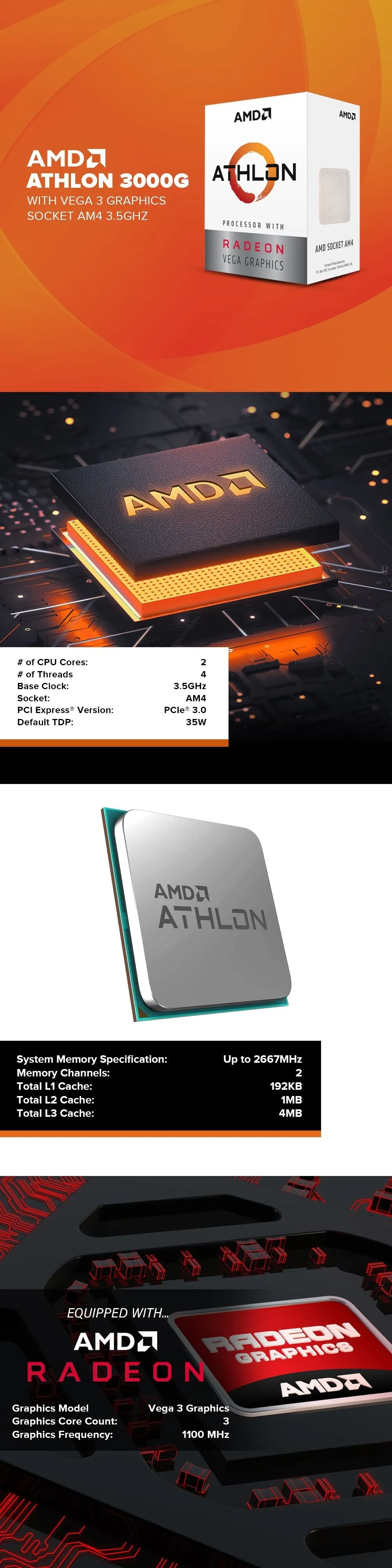 AMD Athlon 3000G Vega 3 Socket Am4 Graphic Processor Box Type