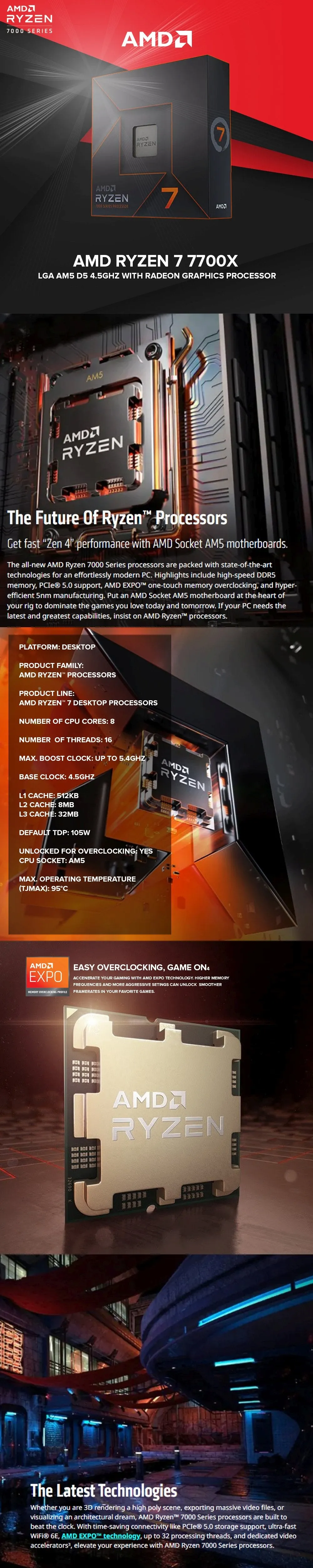 AMD RYZEN 7 7700X  AM5 D5 4.5ghz with Radeon Graphics processor