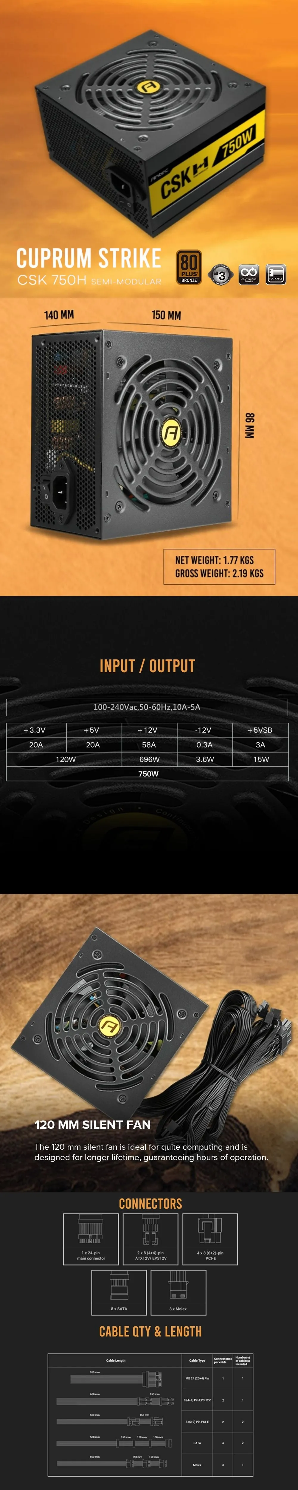 Antec Cuprum Strike CSK750H 750w Bronze Semi-Modular 120MM Silent Fan Better Looking Builds Power Supply 19GLO ANCS2652