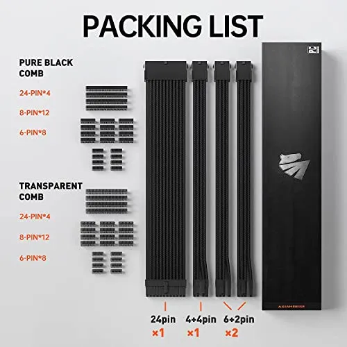 AsiaHorse 18AWG PSU Cable Extension Sleeved Custom Mod GPU PC Audio Video Power Supply Soft Braided Cables with Two Color Comb Kit 24P/8P to 6 2P/ 8P to 4 4P 30CM