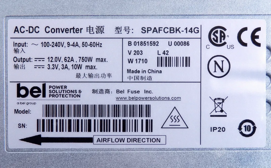 Bel Power Solutions 750W 12VDC 62A Front End AC-DC Power Supply SPAFCBK-14G