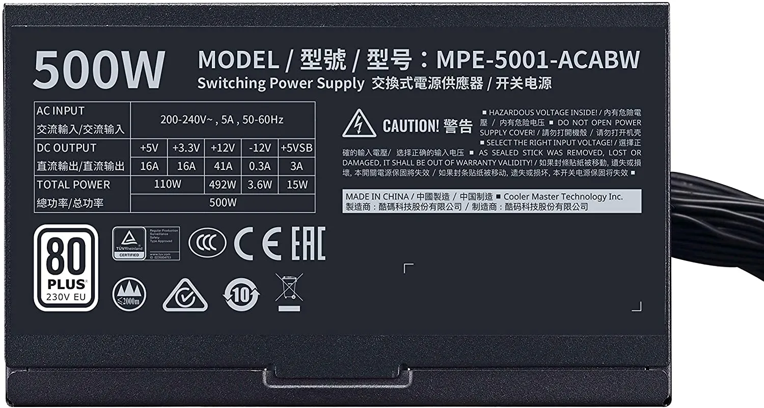 Cooler Master PSU MWE 500 White 230V - V2 Power Supply Unit, UK Plug - 80 PLUS 230V EU Certified, Quiet 120 HDB Fan, DC-to-DC   LLC Circuit with Single  12V Rail
