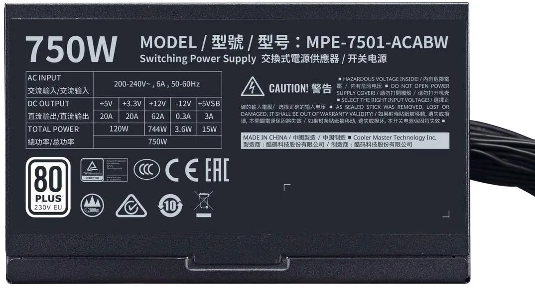 Cooler Master PSU MWE 750 White 230V - V2 Power Supply Unit, UK Plug - 80 PLUS 230V EU Certified, Quiet 120 HDB Fan, DC-to-DC   LLC Circuit with Single  12V Rail