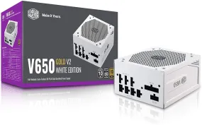 Cooler Master PSU V650 Gold White Edition V2 Full Modular,650W, 80  Gold Efficiency, Semi-fanless Operation, 16AWG PCIe high-Efficiency Cables
