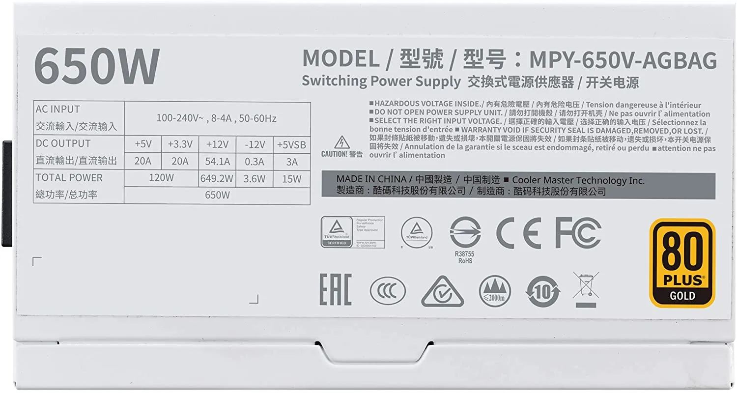 Cooler Master PSU V650 Gold White Edition V2 Full Modular,650W, 80  Gold Efficiency, Semi-fanless Operation, 16AWG PCIe high-Efficiency Cables