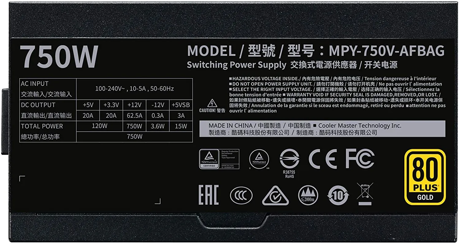 Cooler Master PSU V750 Gold V2 Full Modular,750W, 80  Gold Efficiency, Semi-fanless Operation, 16AWG PCIe high-Efficiency Cables v, Black Edition