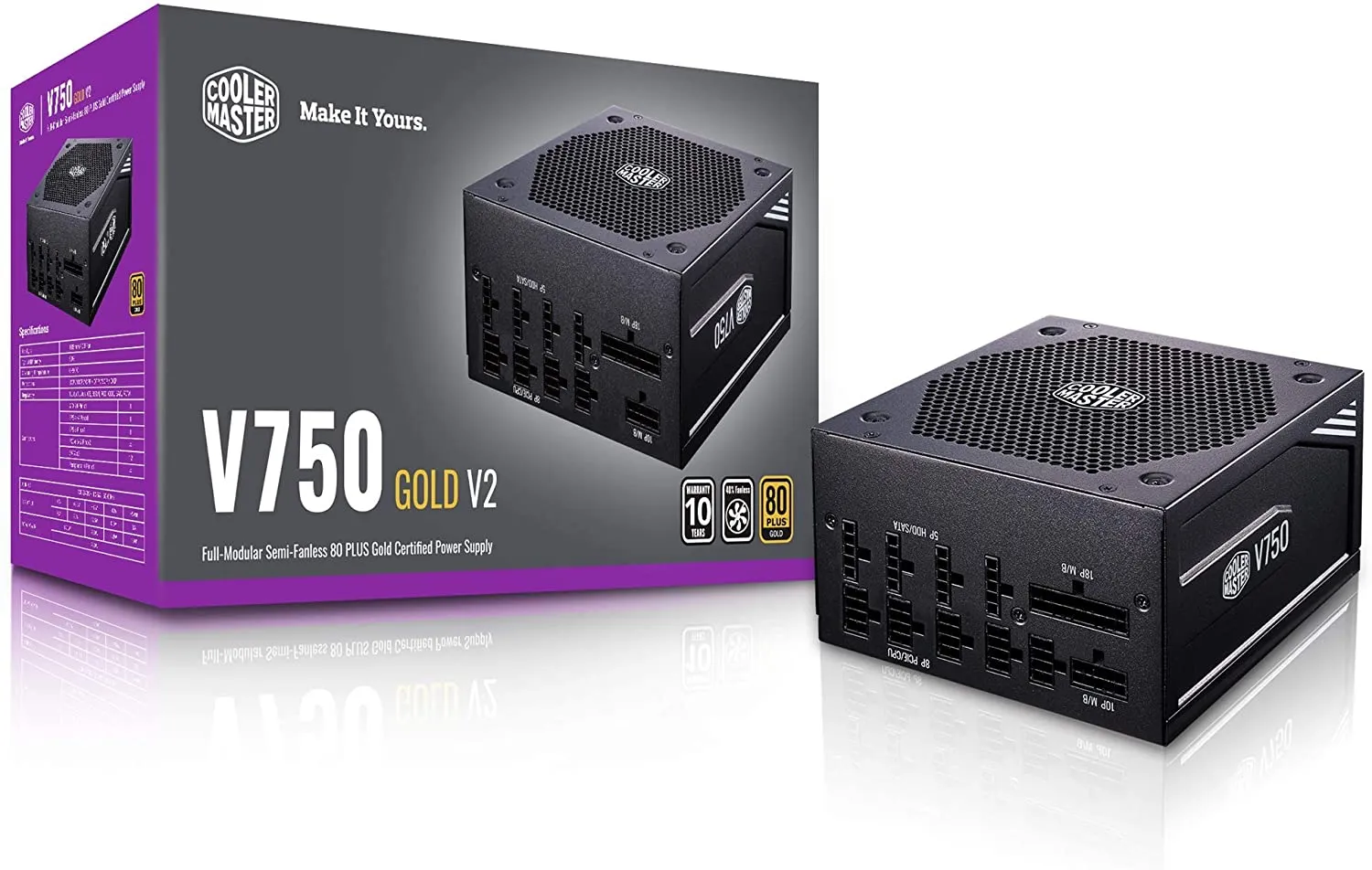 Cooler Master PSU V750 Gold V2 Full Modular,750W, 80  Gold Efficiency, Semi-fanless Operation, 16AWG PCIe high-Efficiency Cables v, Black Edition