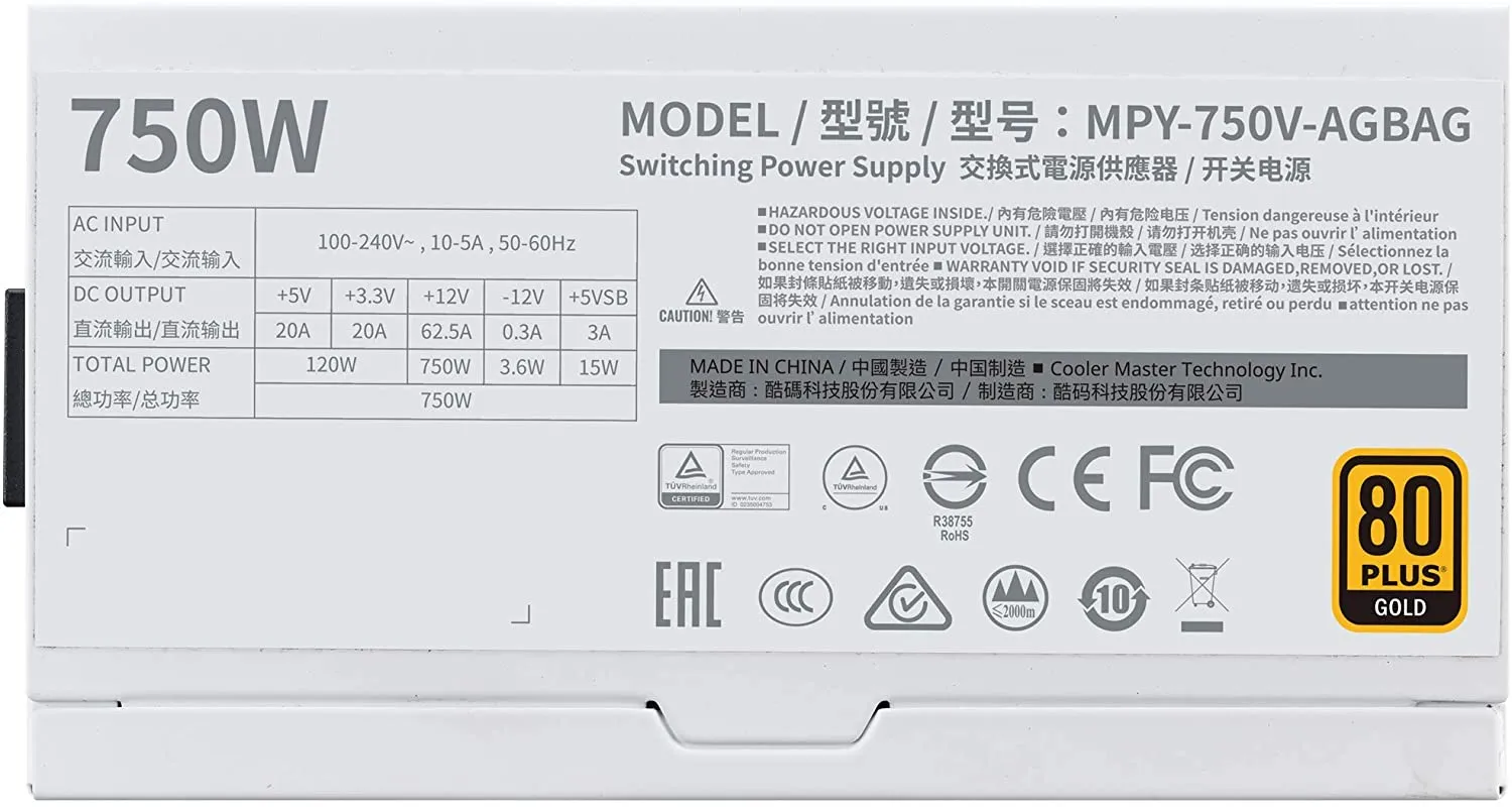 Cooler Master PSU V750 Gold White Edition V2 Full Modular, 750W, 80  Gold Efficiency, Semi-fanless Operation, 16AWG PCIe high-Efficiency Cables