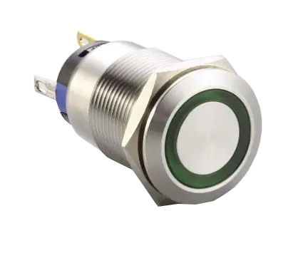 F19-371B, 19mm Latching Pushbutton Switch Metal with BLUE Ring Illumination, 1xNO 1xNC, 3 Amp (Nominal) 5 Amp (Max) @ 250VAC or 24VDC, 24VDC Illumination Supply, 0.05 Million Ops
