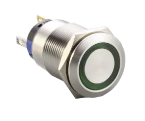 F19-371G, 19mm Latching Pushbutton Switch Metal with GREEN Ring Illumination, 1xNO 1xNC, 3 Amp (Nominal) 5 Amp (Max) @ 250VAC or 24VDC, 24VDC Illumination Supply, 0.05 Million Ops