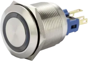 F22-371R, 22mm Latching Pushbutton Switch Metal with RED Ring Illumination, 1xNO 1xNC, 3Amp (Nominal) 5 Amp (Max) @ 250VAC or 24VDC, 24VDC Illumination Supply, 0.05 Million Ops