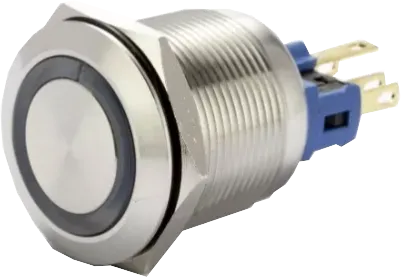 F22-372R, 22mm Latching Pushbutton Switch Metal with RED Ring Illumination, 2xNO 2xNC, 3Amp (Nominal) 5 Amp (Max) @ 250VAC or 24VDC, 24VDC Illumination Supply, 0.05 Million Ops