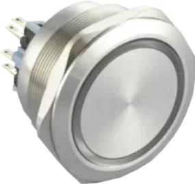 F40-371R, 22mm Latching Pushbutton Switch Metal with RED Ring Illumination, 1xNO 1xNC, 3Amp @ 250VAC or 24VDC, 24VDC Illumination Supply, 0.05 Million Ops