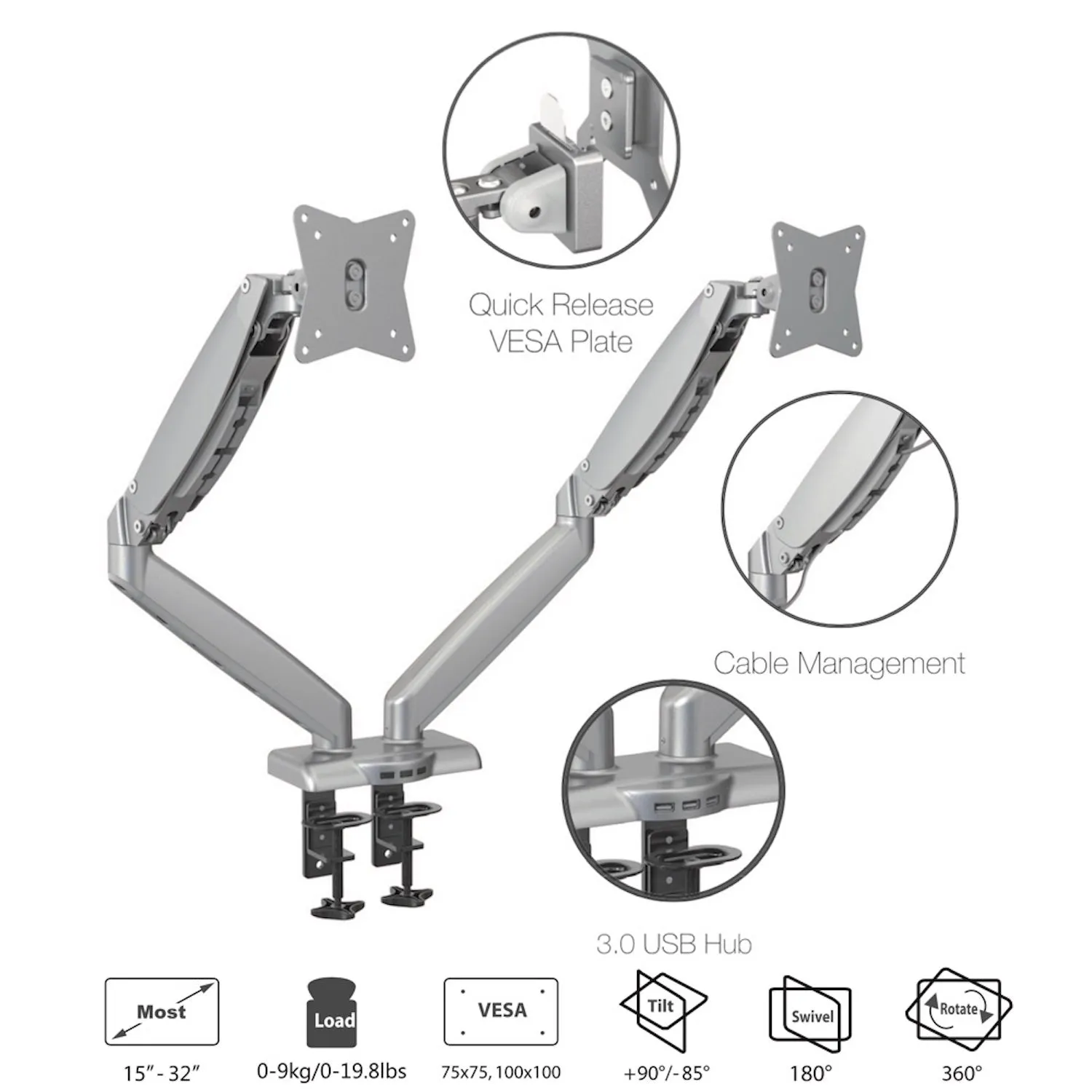 GKU Dual Monitor Desk Mount Arm - ProRiser Gas Spring Monitor Stand