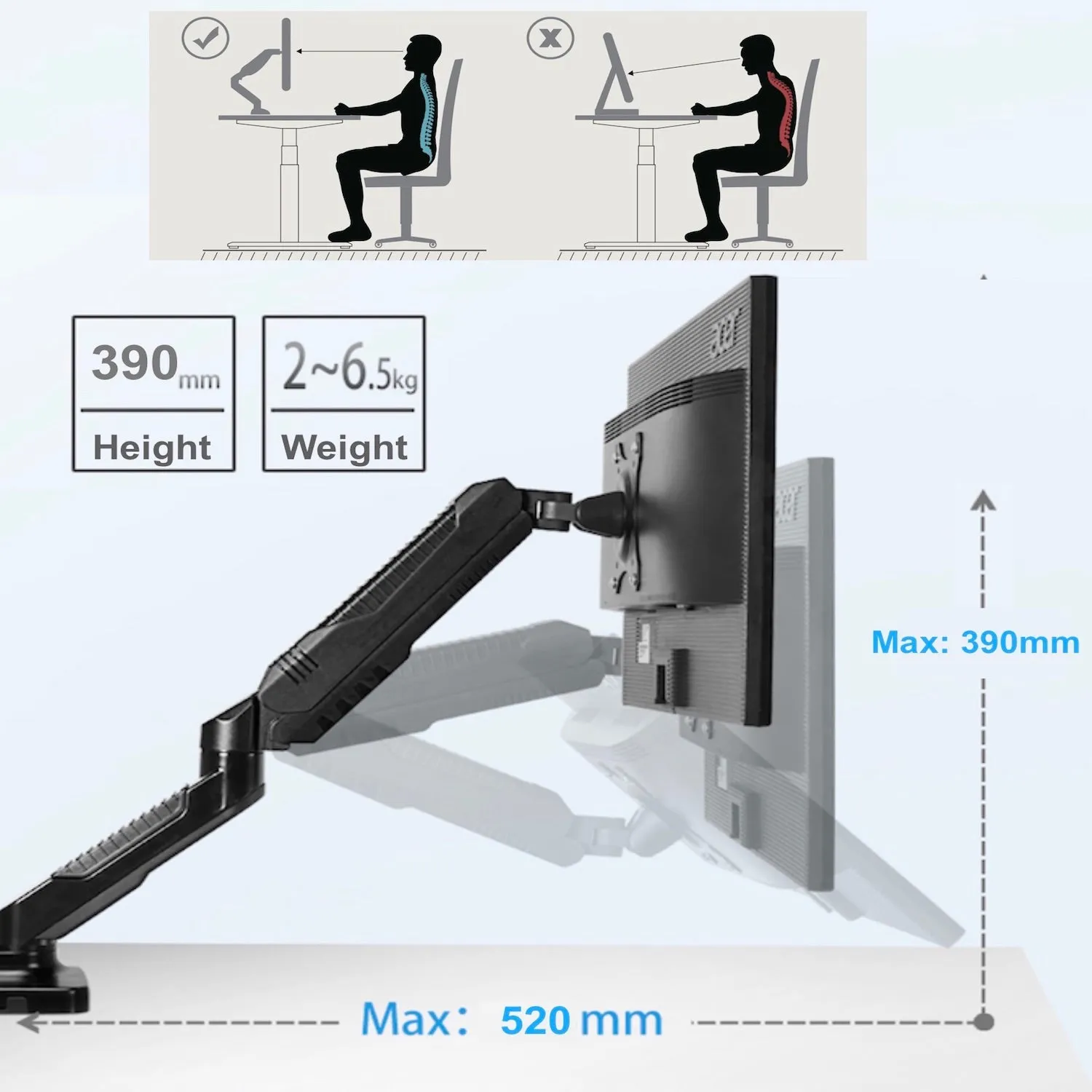 GKU Gas Spring Single Monitor Arm - EziRiser Monitor Mount