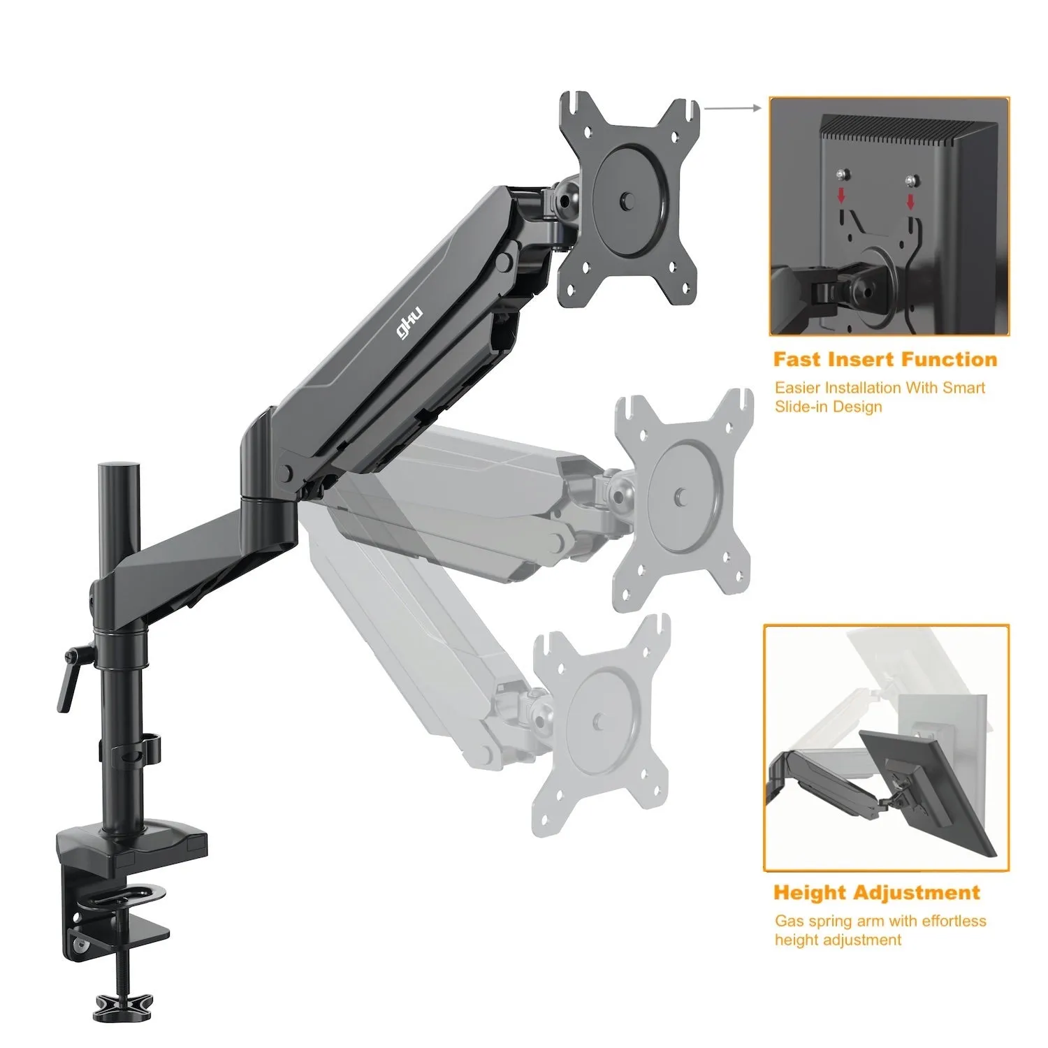 GKU LCD Monitor Desk Mount -  ProRiser V1 Gas Spring Fully Adjustable Monitor Arm