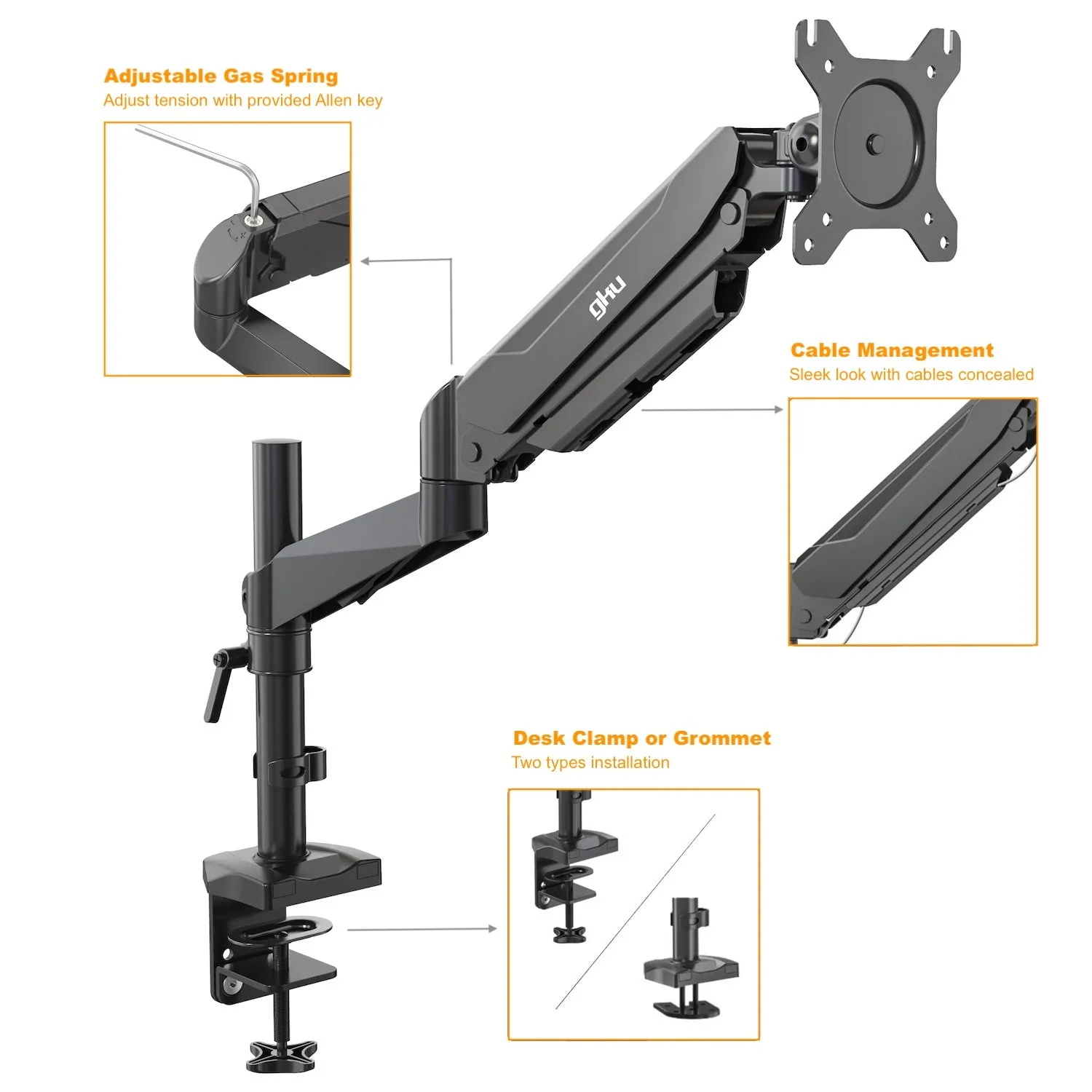 GKU LCD Monitor Desk Mount -  ProRiser V1 Gas Spring Fully Adjustable Monitor Arm