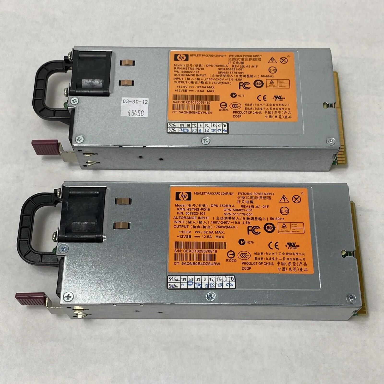 Lot of 2 HP DSP-750RB A 750W Switching Power Supply 506822-101