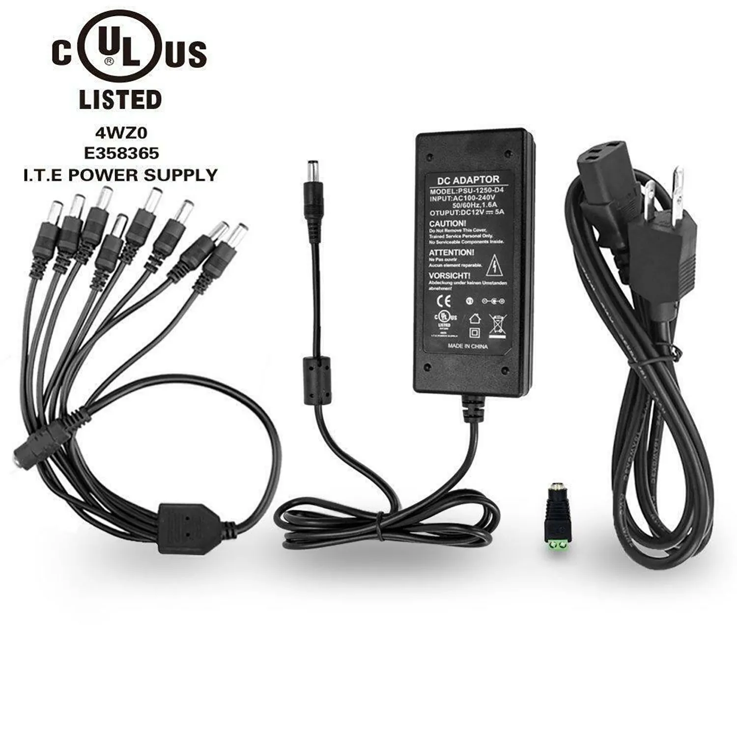 PSU-1250-D4 AC to DC 12V 5A Power adapter for CCTV camera or LED light UL Listed