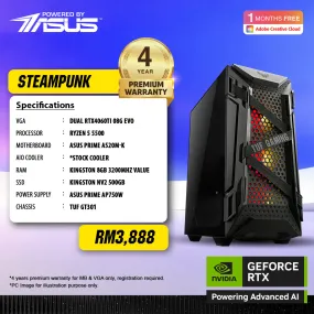 STEAMPUNK AI PC | GeForce RTX™ 4060 Ti | AMD Ryzen 5 5500 / 8GB RAM / 500GB SSD (Powered By ASUS) Gaming PC Package