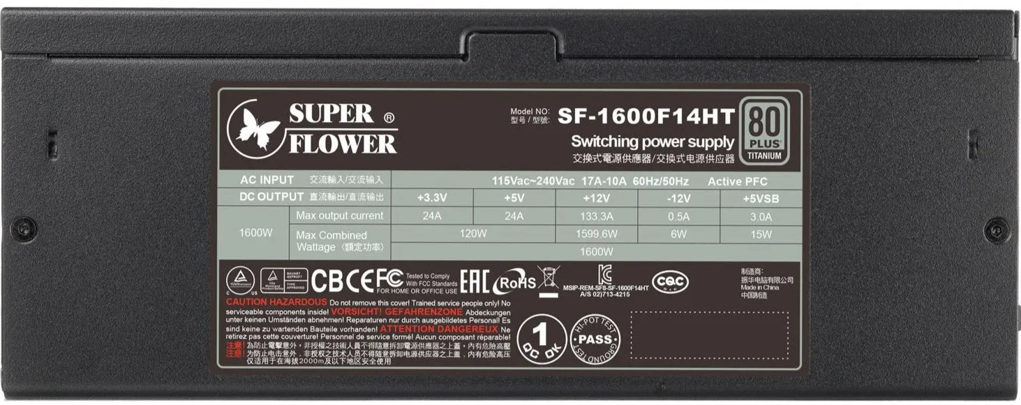 Super Flower Leadex Titanium 1600W 黑色 (Black) PCIE5.1 ATX 3.1 - 80 Plus Glod  鈦金牌認證全模組化 Full Modular Power Supply (SF-1600F14HT-BK) 10年保養