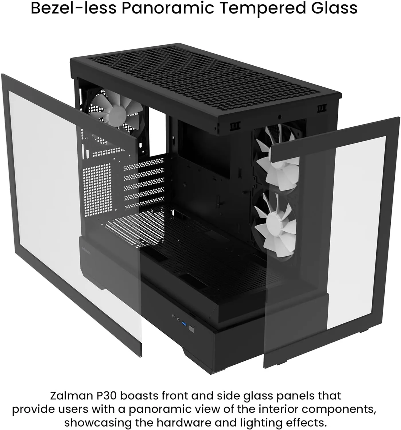 Zalman P30 mATX Mini-Tower PC Case Panoramic Glass 3 x ARGB Fans - Black